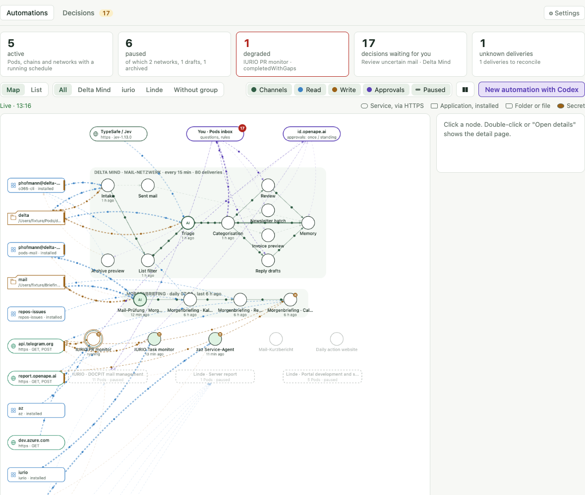 Automations: map, list and detail